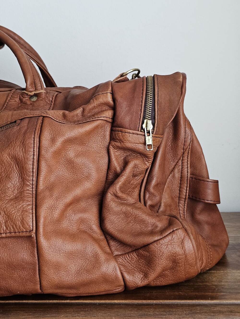 Vintage Genuine Leather Patchwork Weekender Duffel Travel Bag Cognac Brown Large - Picture 4 of 15